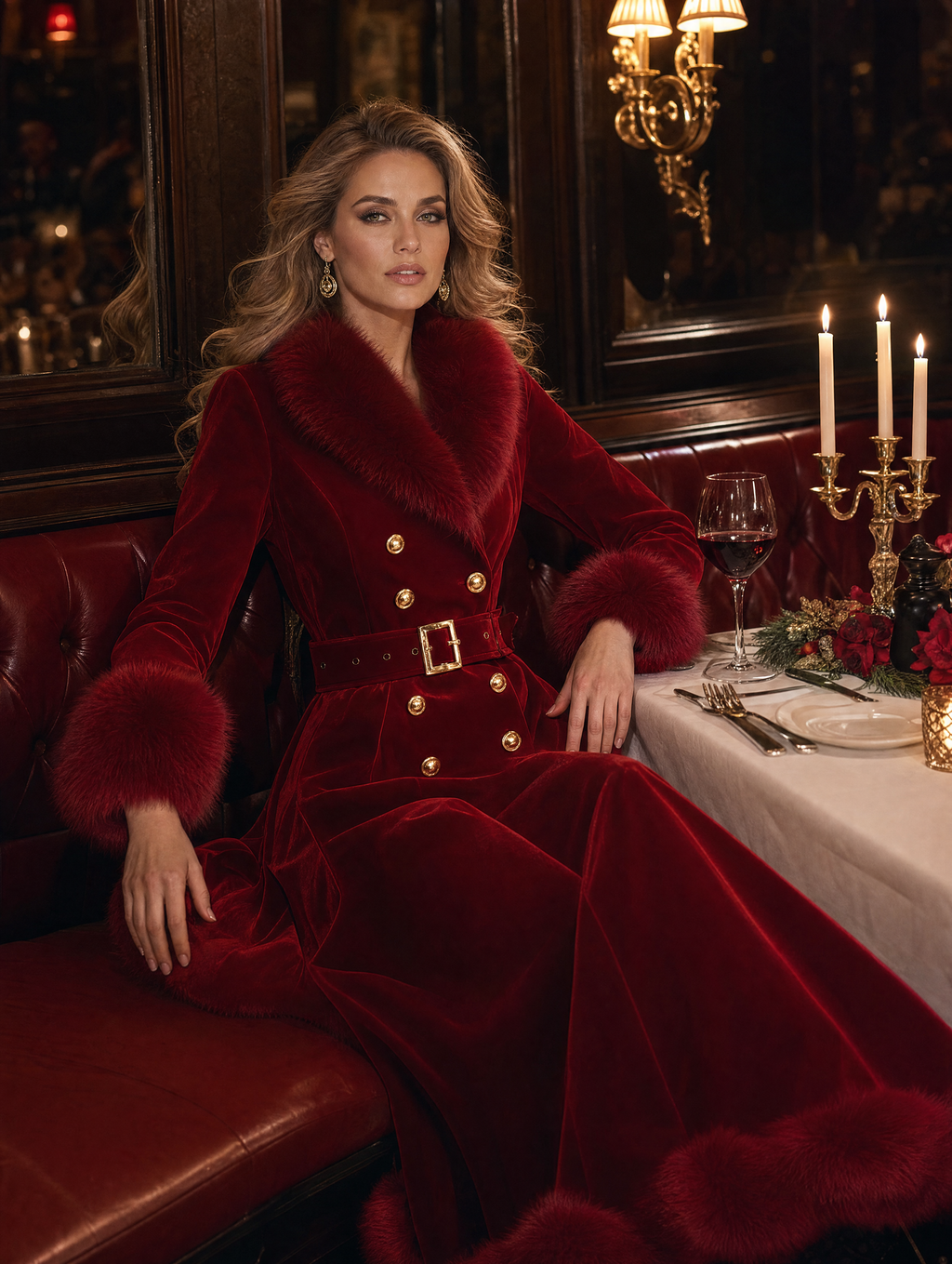 Red Velvet Faux Fur Trim Double Breasted Belted A-Line Maxi Coat