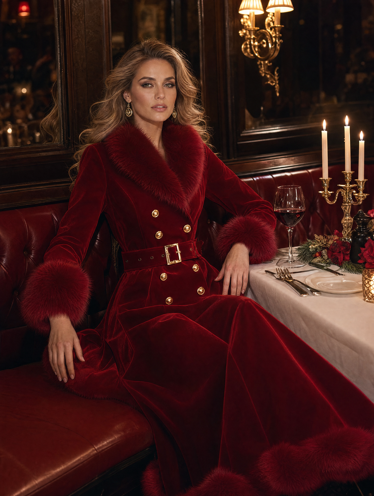Red Velvet Faux Fur Trim Double Breasted Belted A-Line Maxi Coat