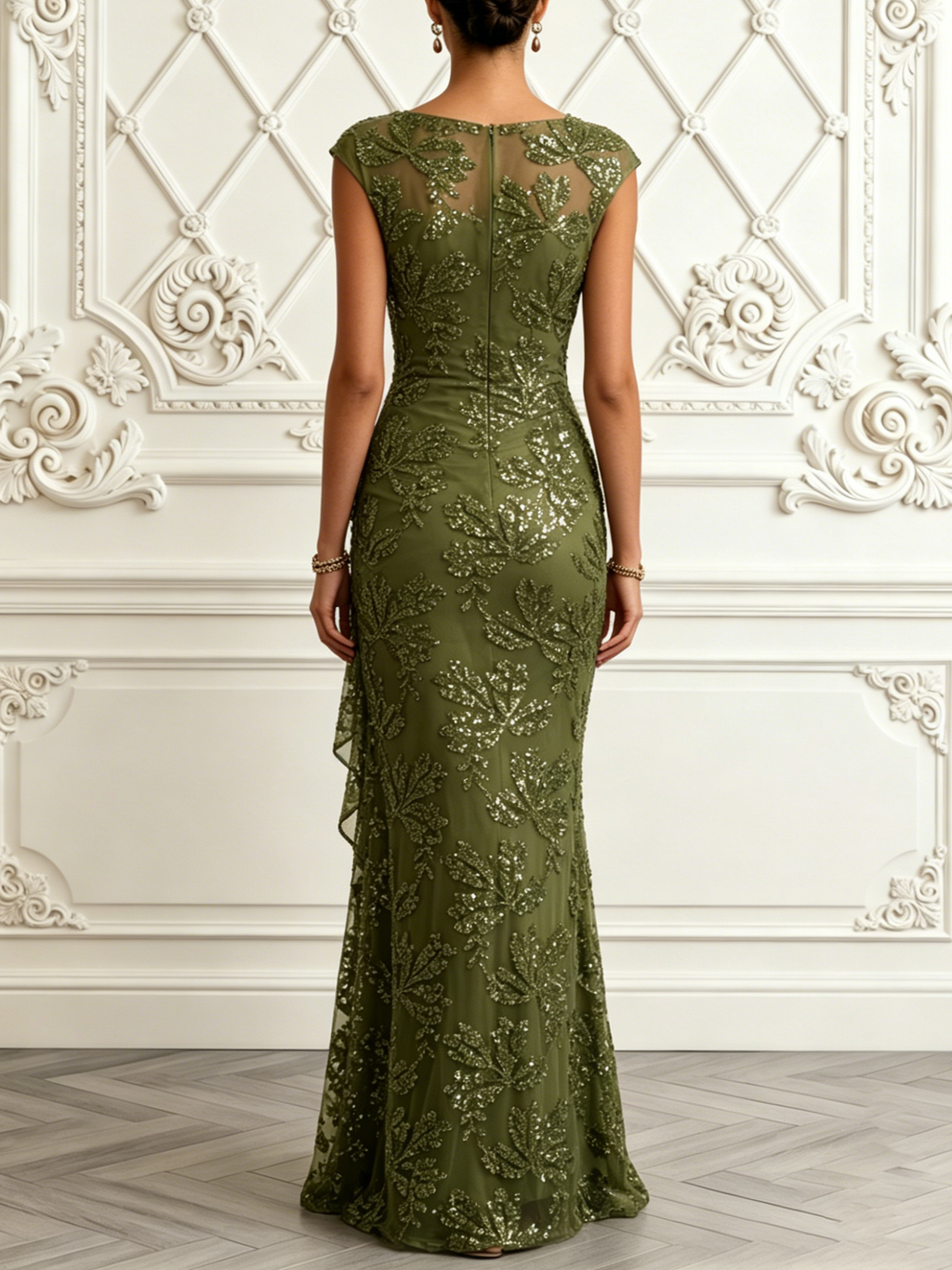 Olive Floral Sequin Ruffle Gown
