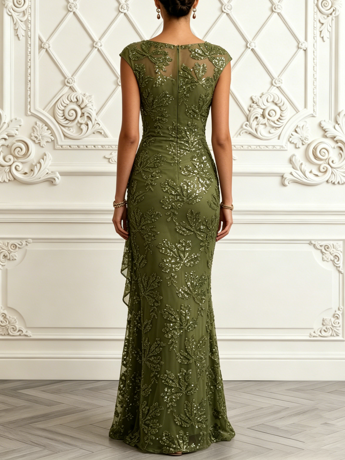 Olive Floral Sequin Ruffle Gown