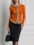 Rust Orange Stockholm Style Faux Fur Trim Knit Top & Pencil Midi Skirt Set