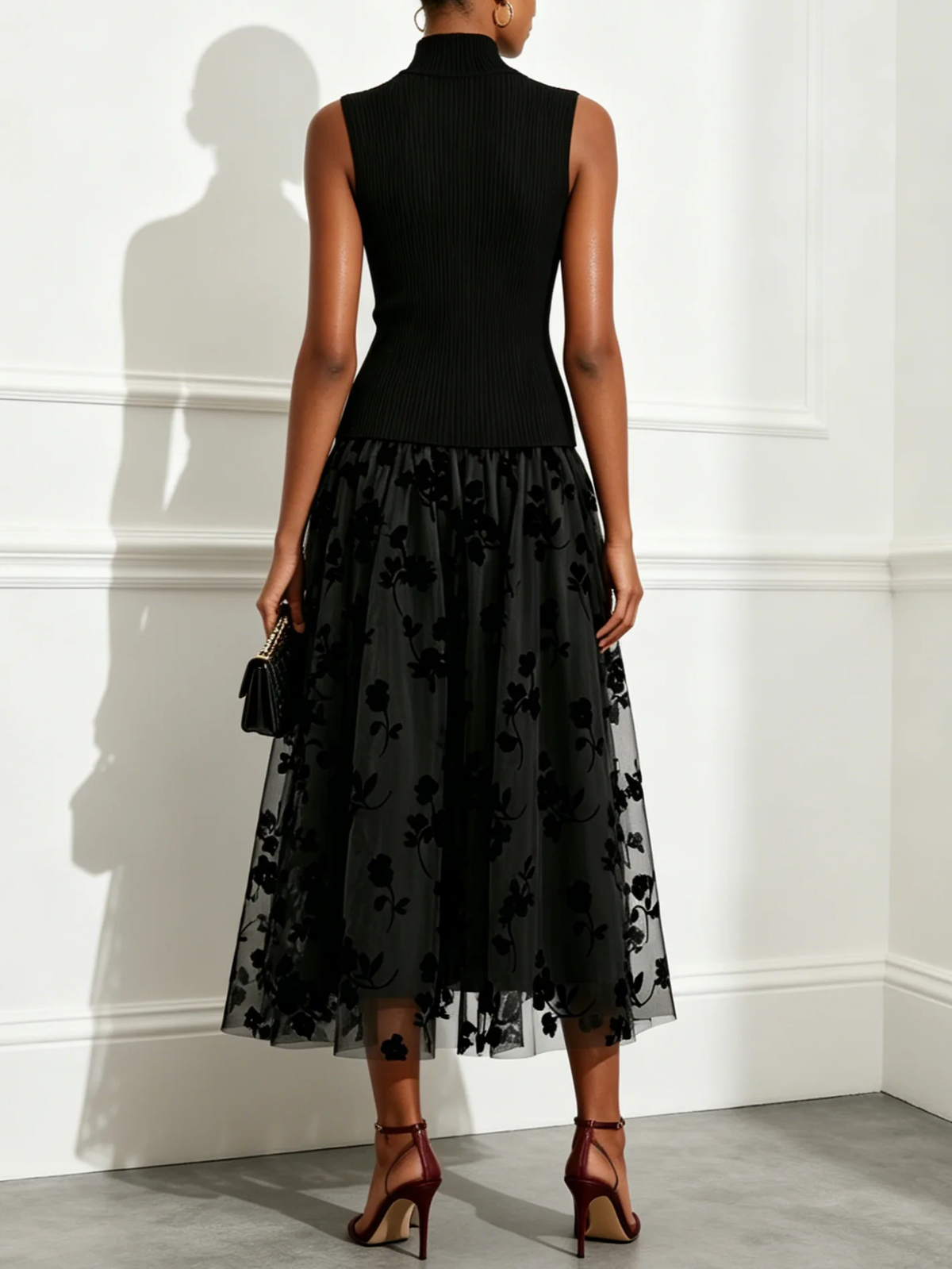 Mock Neck Floral Flocked Mesh Midi Dress