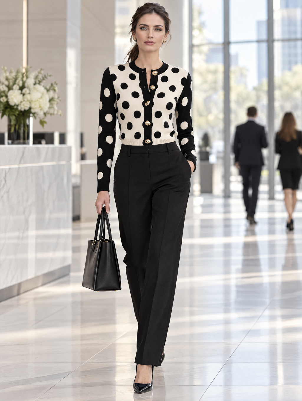 Polka Dot Intarsia Gold Button Fitted Knit Cardigan