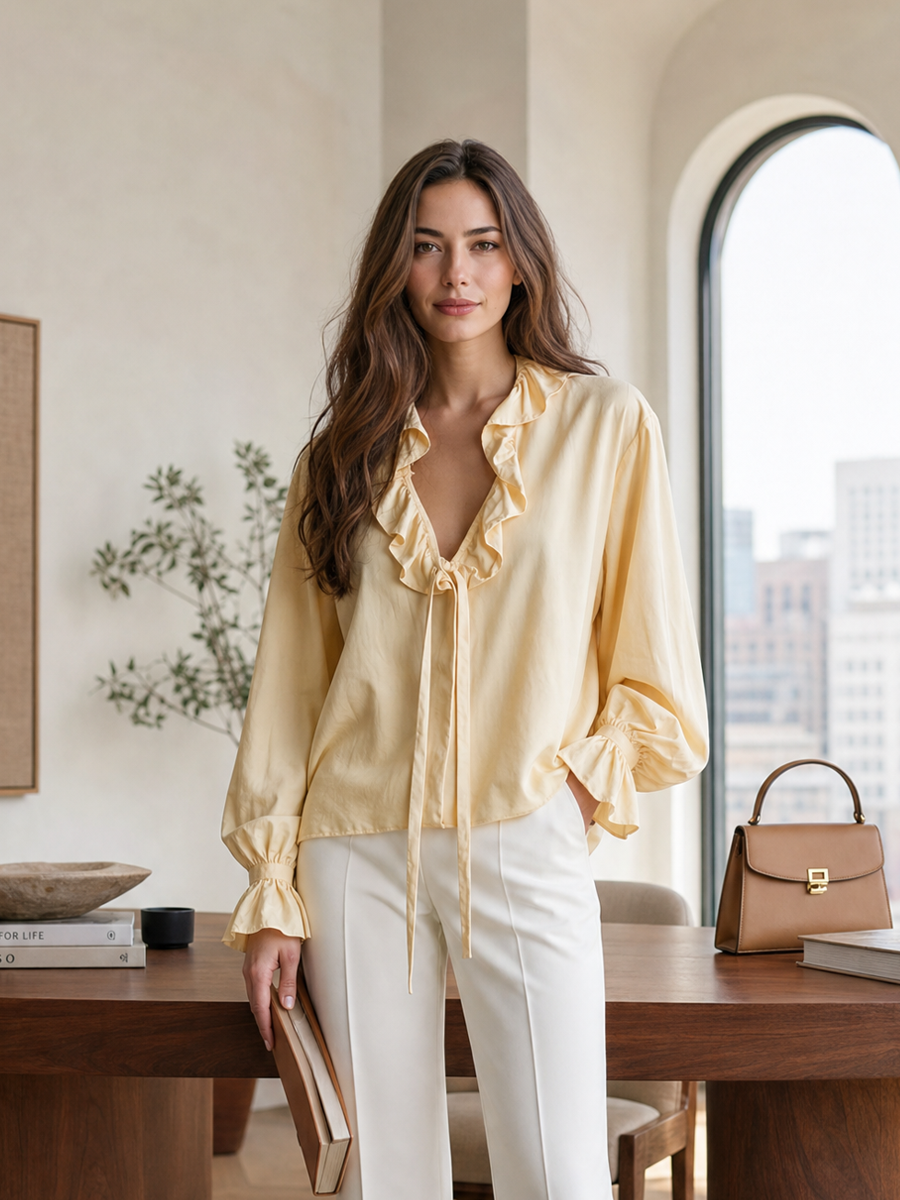 Ruffle Tie-Neck Flared Cuffs Blouse