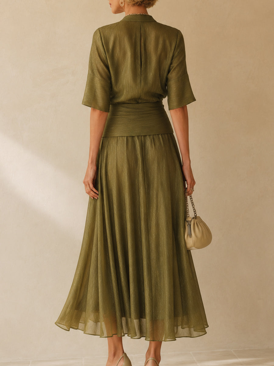 Elegant Tencel Lapel Blouse & Pleated Skirt Set