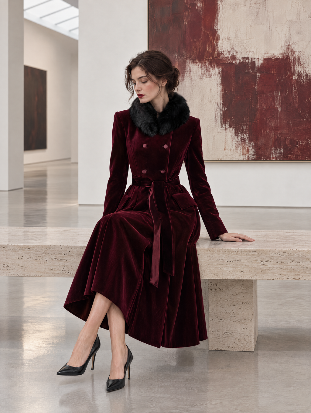 Women's Velvet Double-Breasted Long Coat with Faux Fur Collar