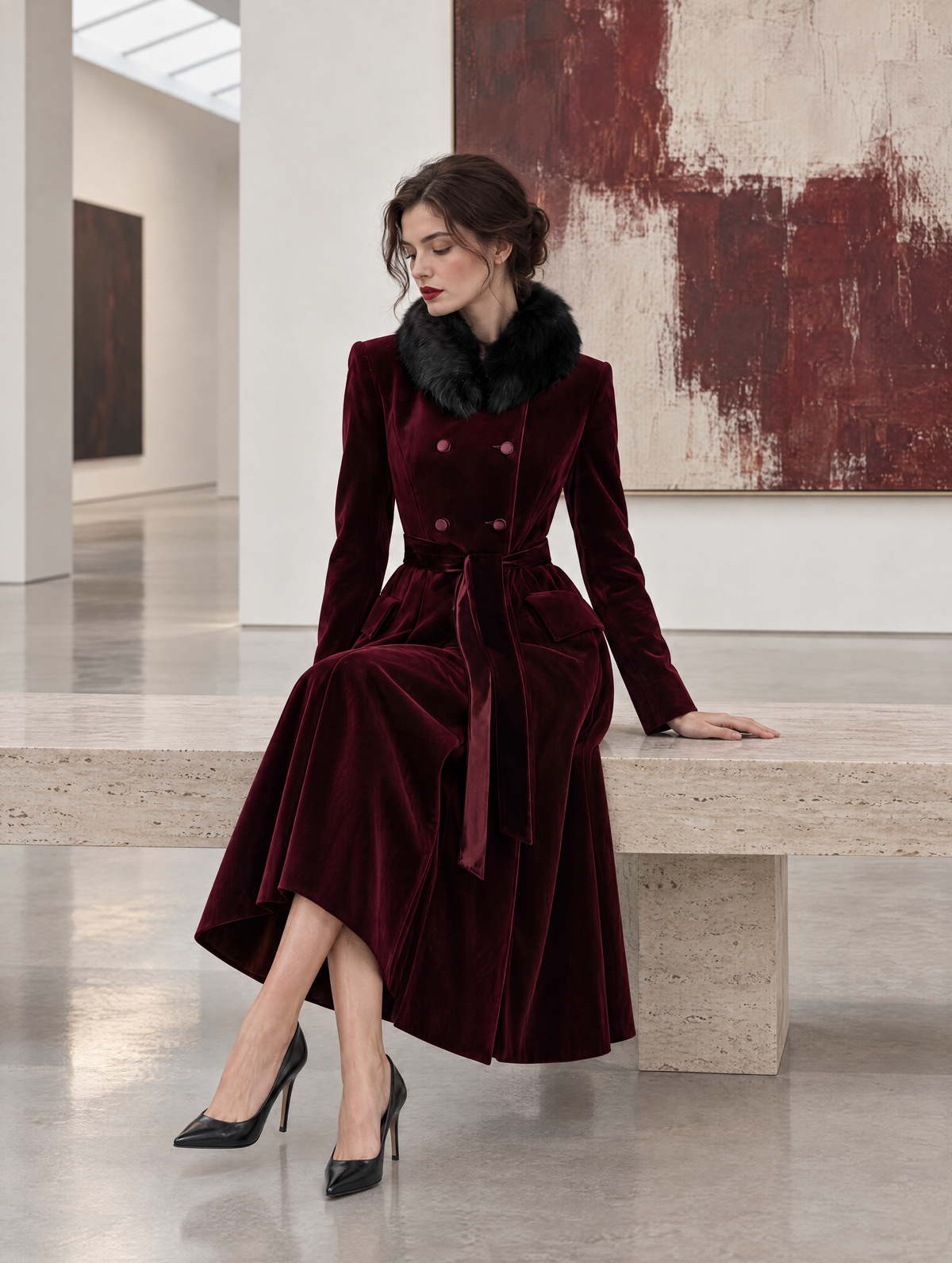 Women's Velvet Double-Breasted Long Coat with Faux Fur Collar