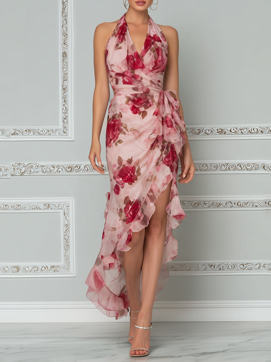 Romantic Floral Halter High-Low Ruffle Maxi Dress