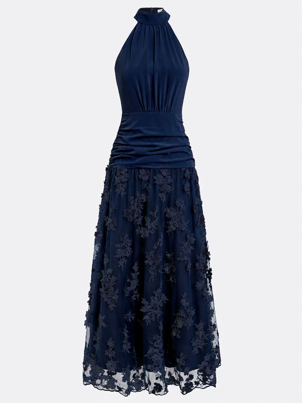 Satin Halter Floral Appliqué Midi Dress