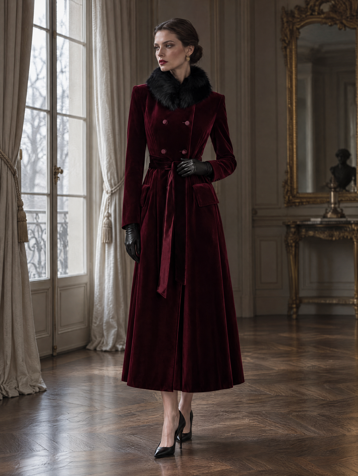 Women's Velvet Double-Breasted Long Coat with Faux Fur Collar