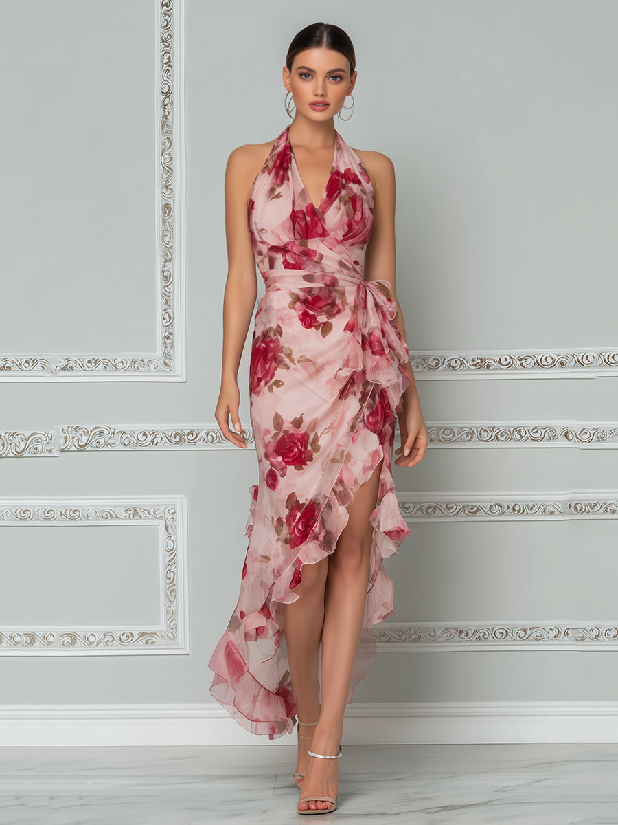 Romantic Floral Halter High-Low Ruffle Maxi Dress