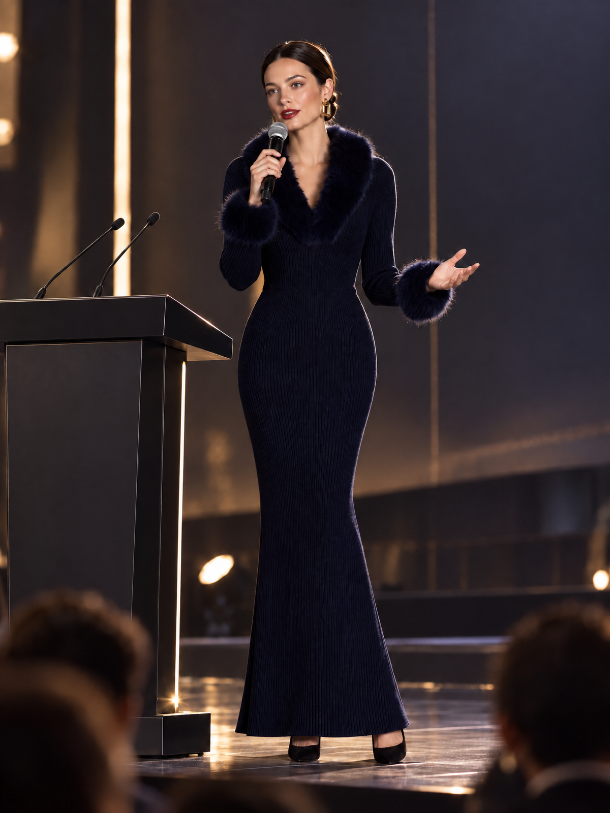 Fur-Trimmed Shawl Collar V-Neck Ribbed Knit Mermaid Maxi Dress