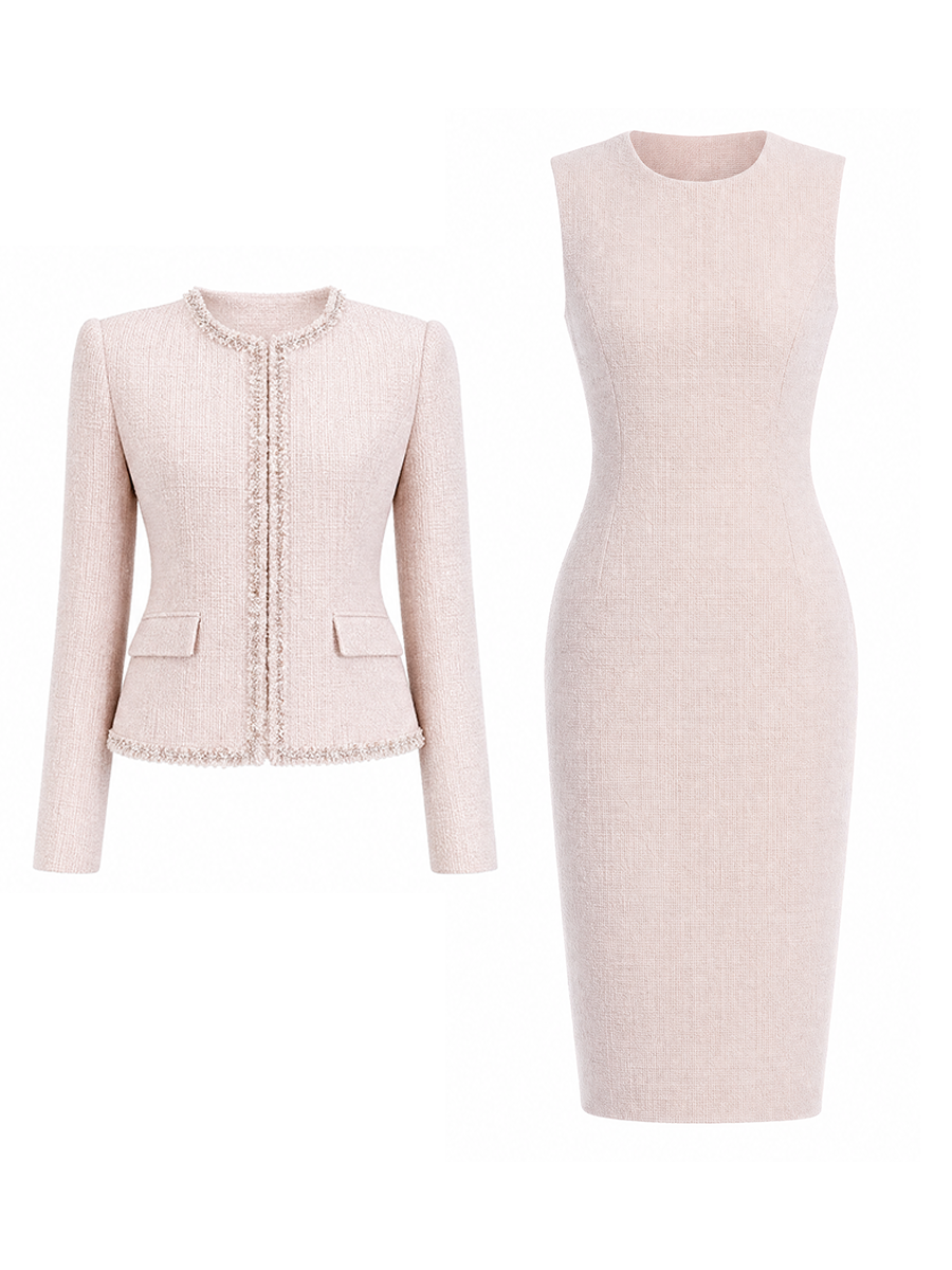 Light Pink Tweed Fringe Trim Jacket And Sleeveless Midi Dress Set