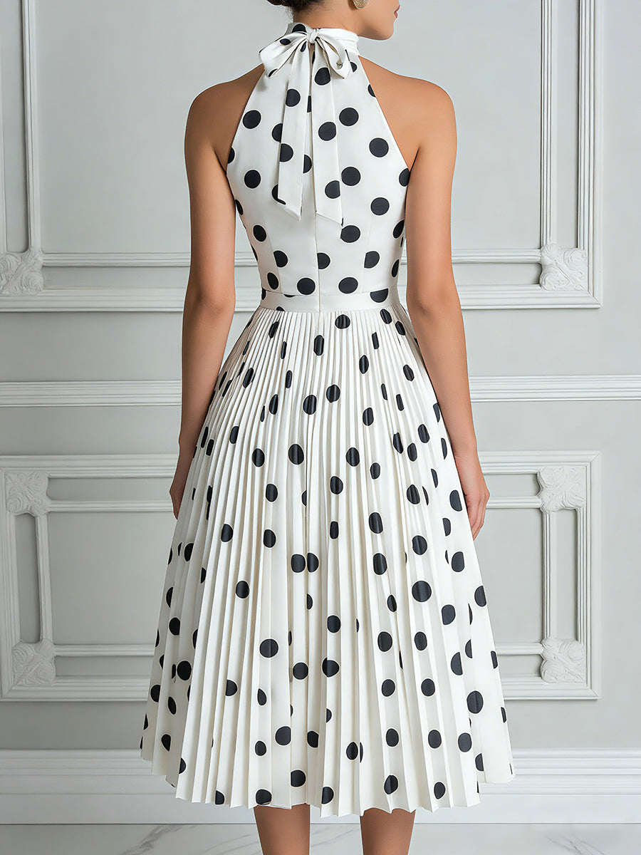 Vintage-Inspired Polka Dot Halter Pleated Midi Dress