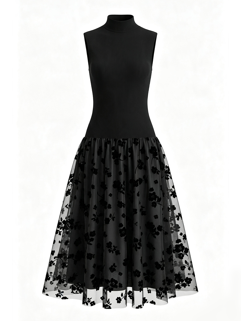 Mock Neck Floral Flocked Mesh Midi Dress