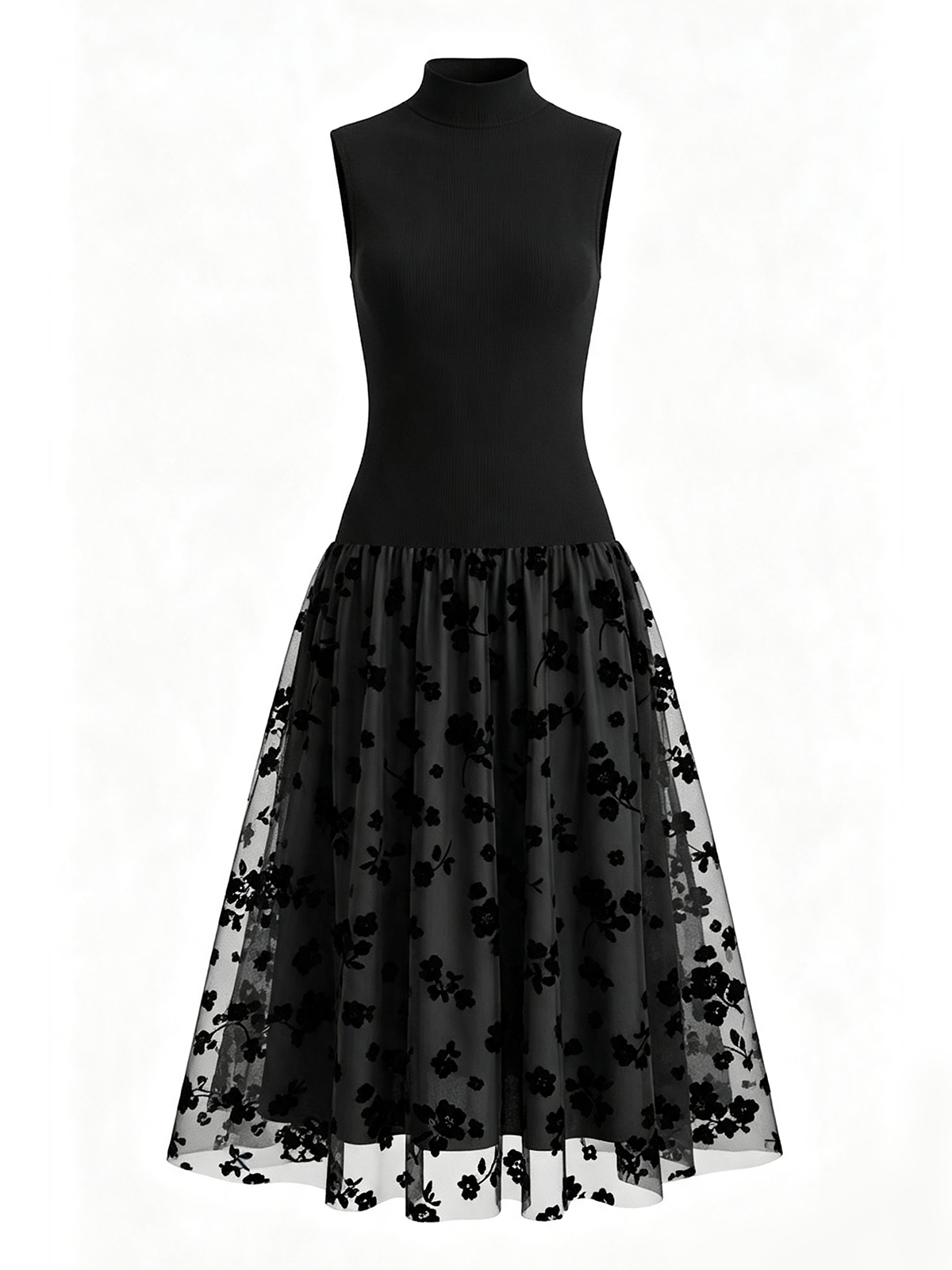 Mock Neck Floral Flocked Mesh Midi Dress
