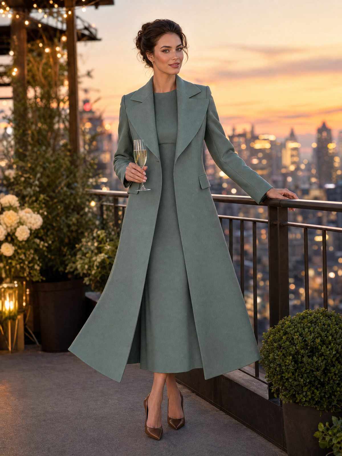 Peak-Lapel Longline Coat & Sleeveless Sheath Midi Dress Two-Piece Set