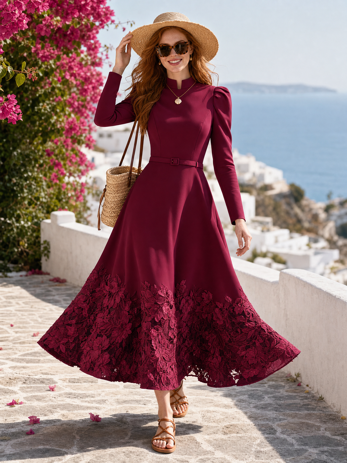 Elegant Stand Collar Puff Sleeve Belted A-Line Maxi Dress with Floral Lace Hem