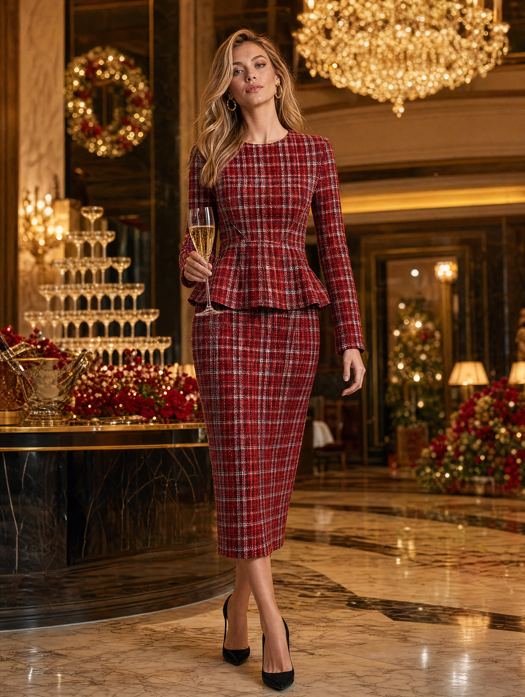 Red Plaid Round Neck Peplum Pencil Midi Dress
