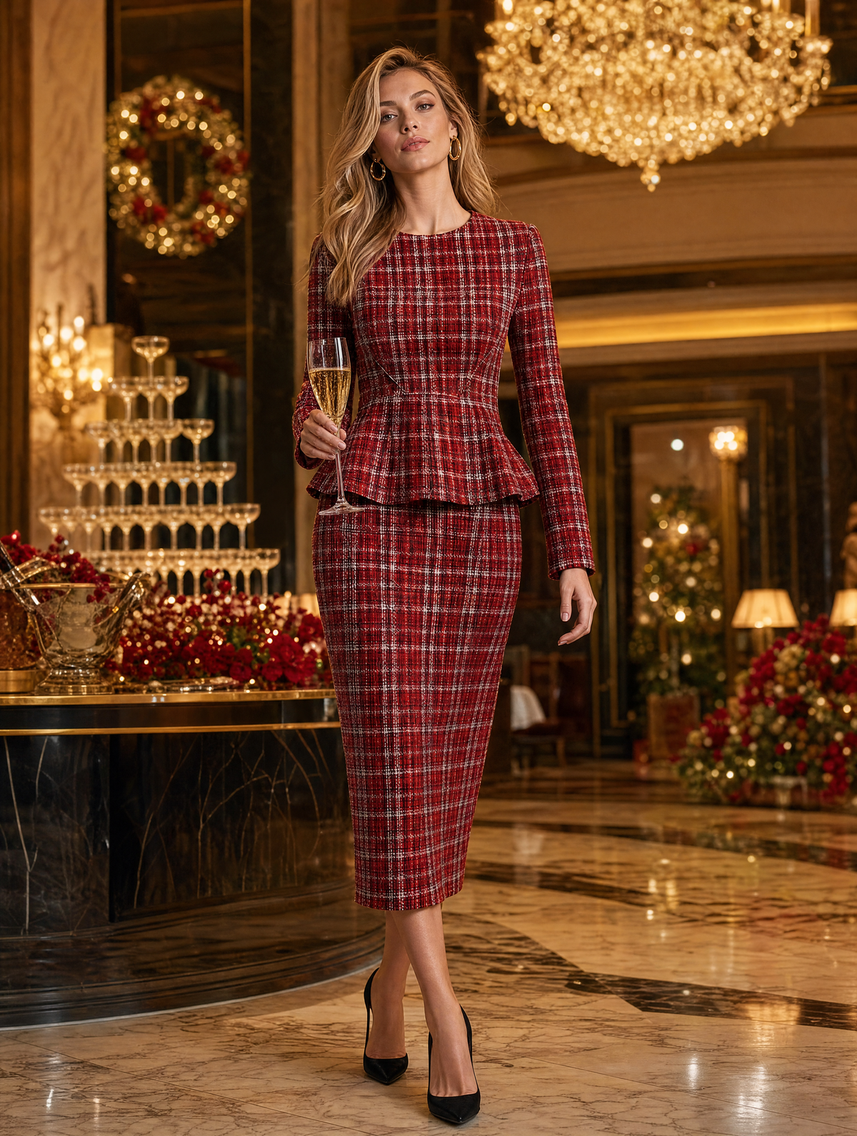 Red Plaid Round Neck Peplum Pencil Midi Dress