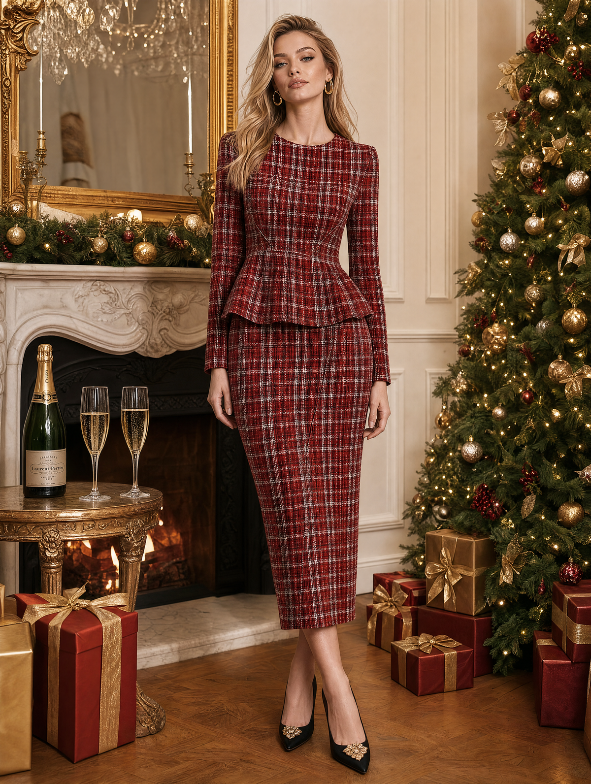Red Plaid Round Neck Peplum Pencil Midi Dress