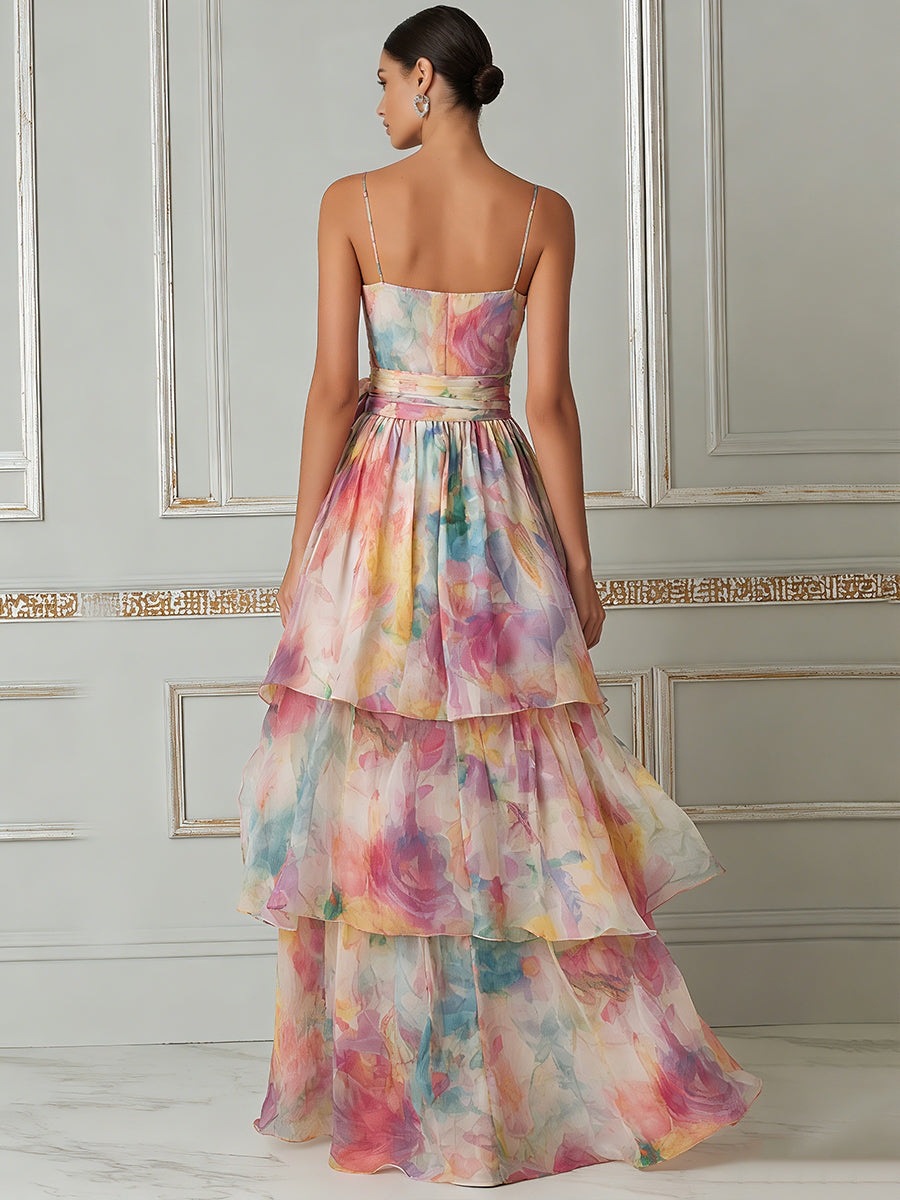 Vibrant Watercolor Tiered Chiffon Maxi Dress