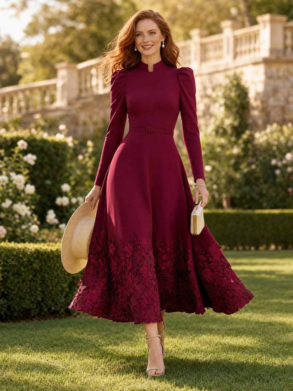 Elegant Stand Collar Puff Sleeve Belted A-Line Maxi Dress with Floral Lace Hem