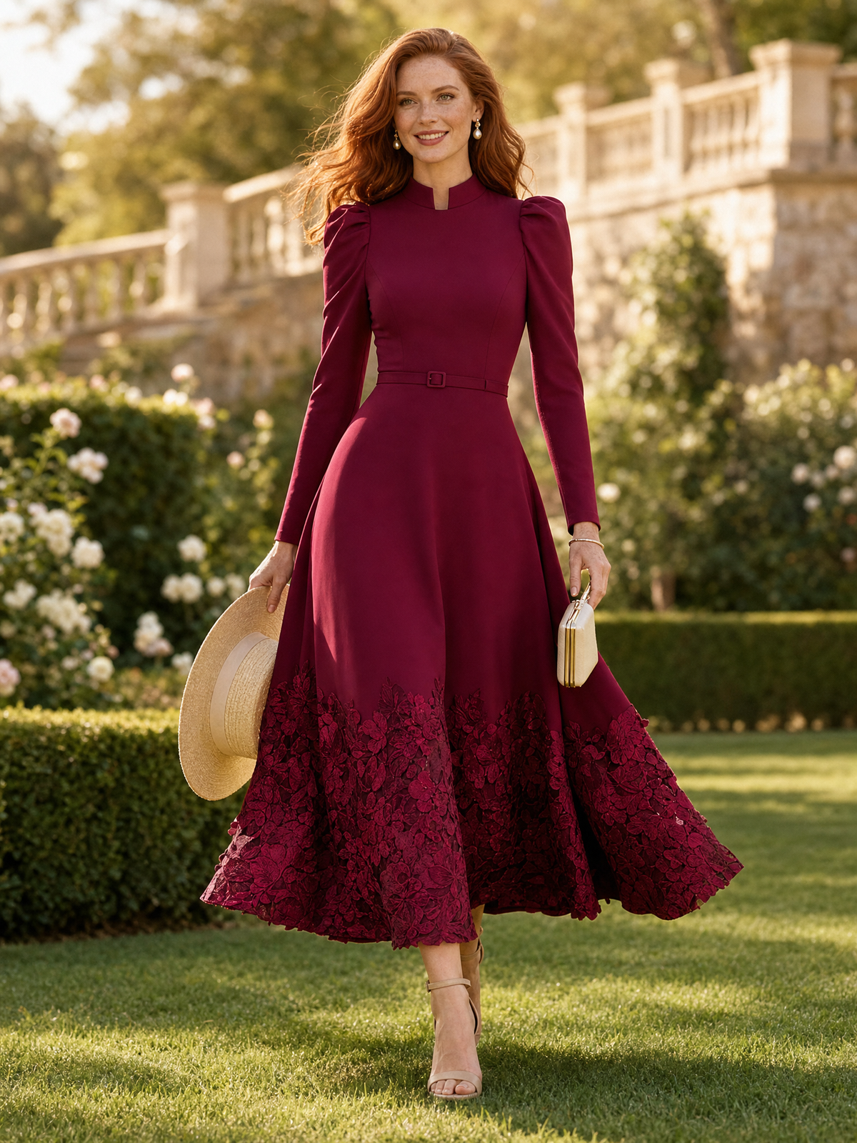 Elegant Stand Collar Puff Sleeve Belted A-Line Maxi Dress with Floral Lace Hem