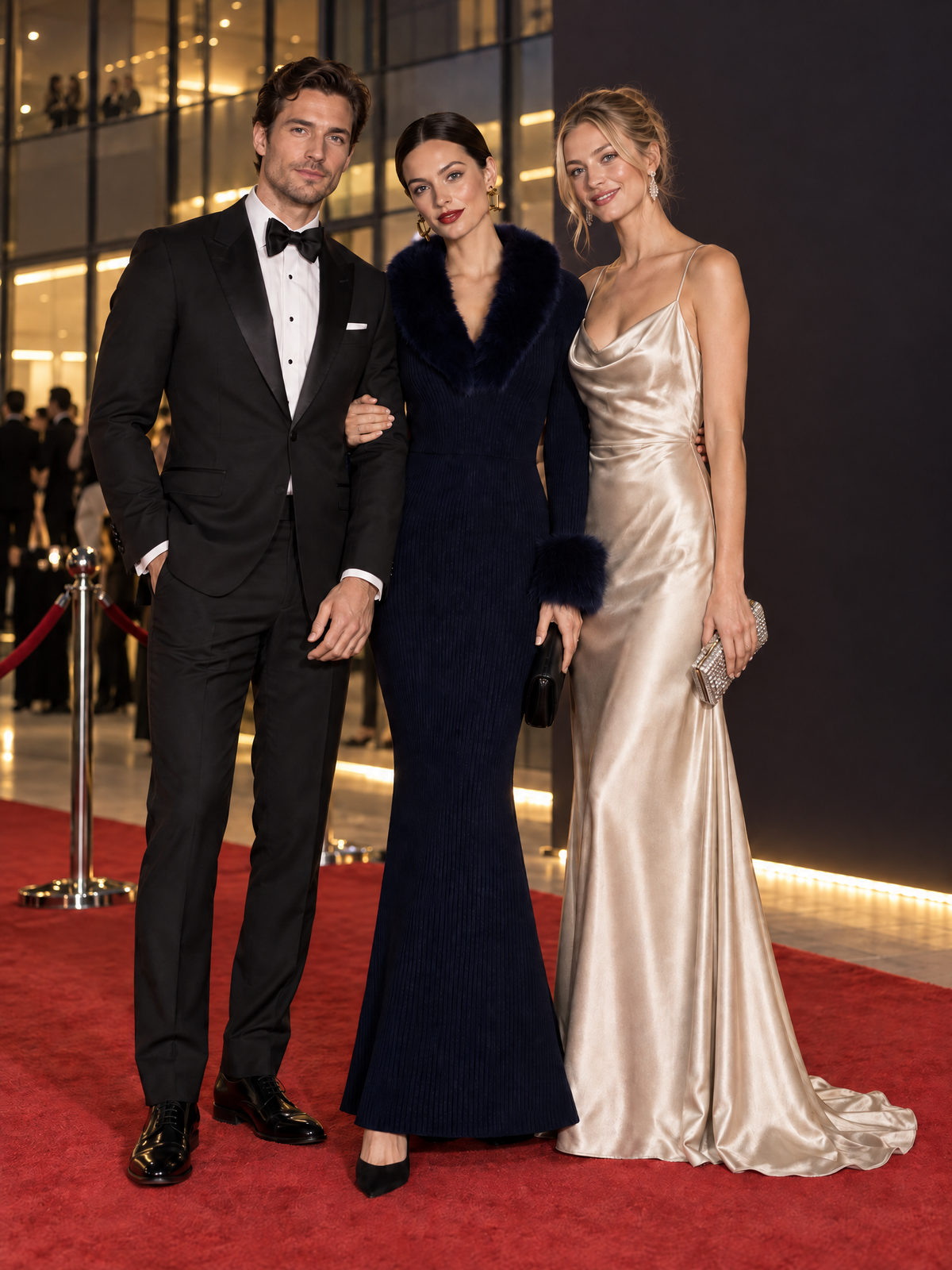 Fur-Trimmed Shawl Collar V-Neck Ribbed Knit Mermaid Maxi Dress