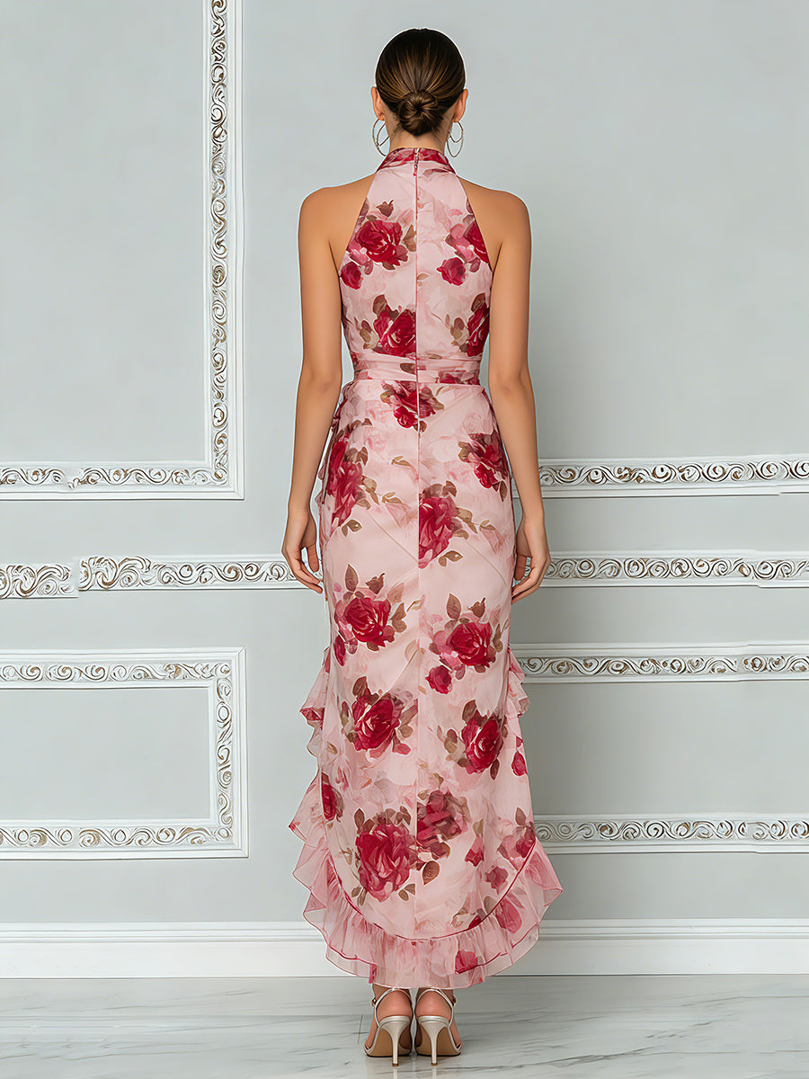 Romantic Floral Halter High-Low Ruffle Maxi Dress