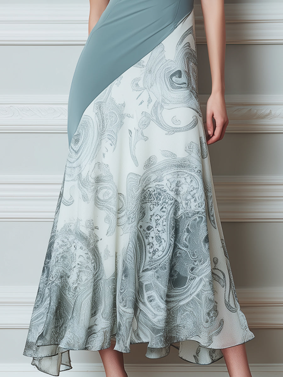 Square Neck Cap Sleeve Contrast Panel Midi Dress