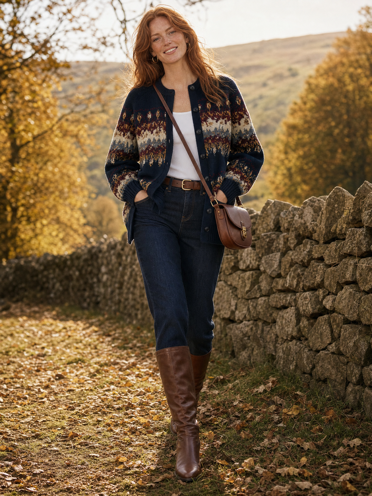 Crew-Neck Button-Front Fair Isle Knit Cardigan