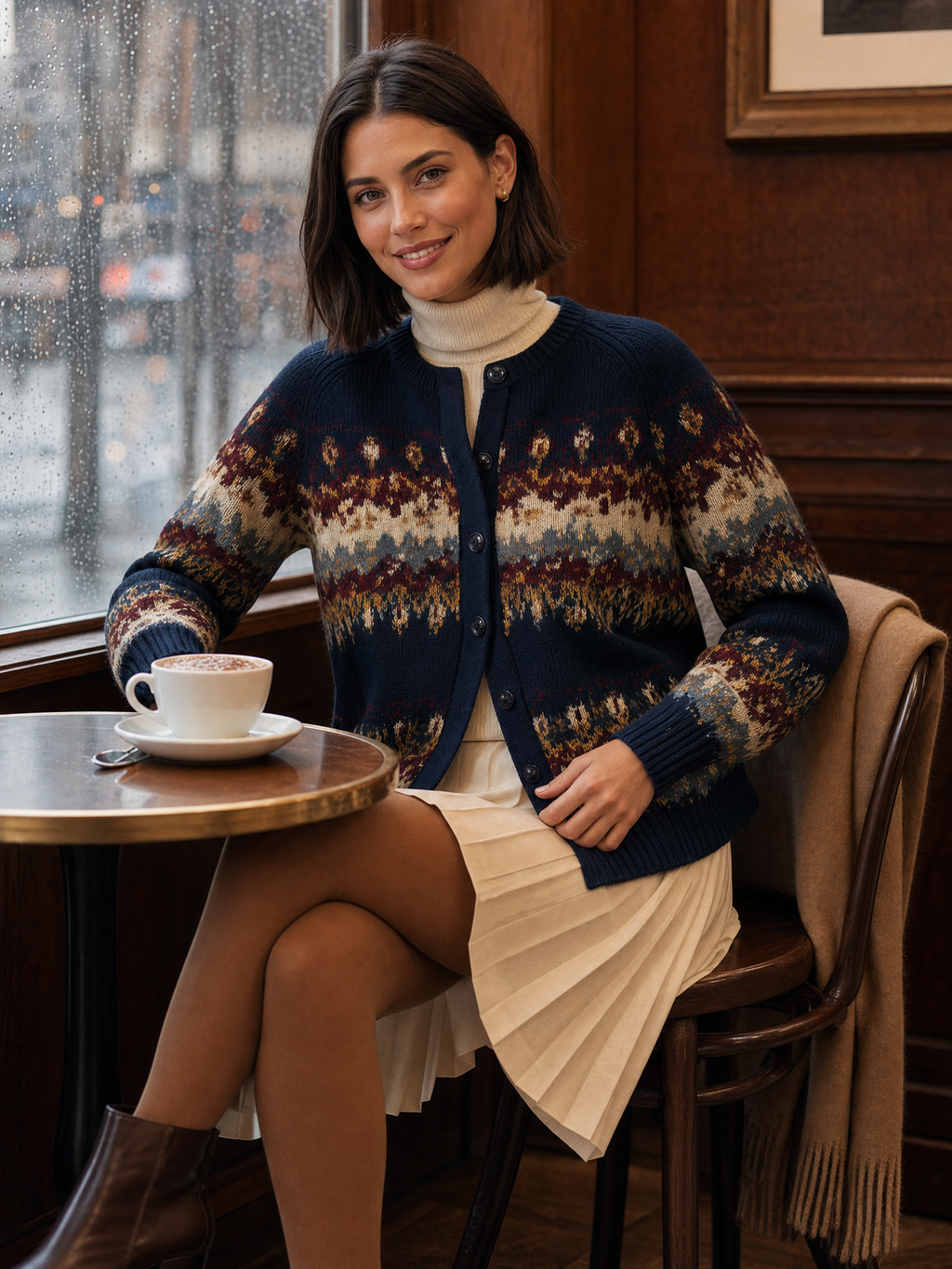 Crew-Neck Button-Front Fair Isle Knit Cardigan