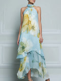 Halter Neck Layered Floral High-Low Maxi Dress