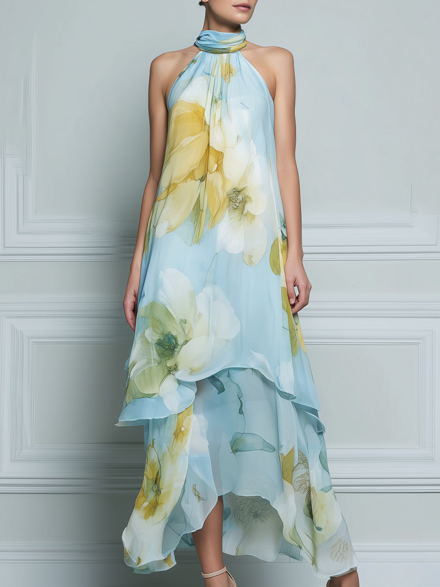Halter Neck Layered Floral High-Low Maxi Dress