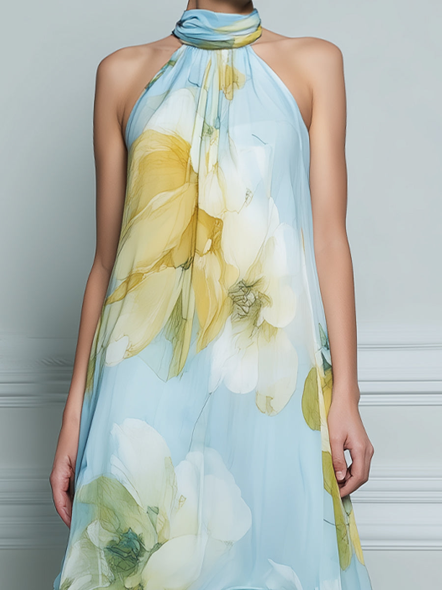 Halter Neck Layered Floral High-Low Maxi Dress
