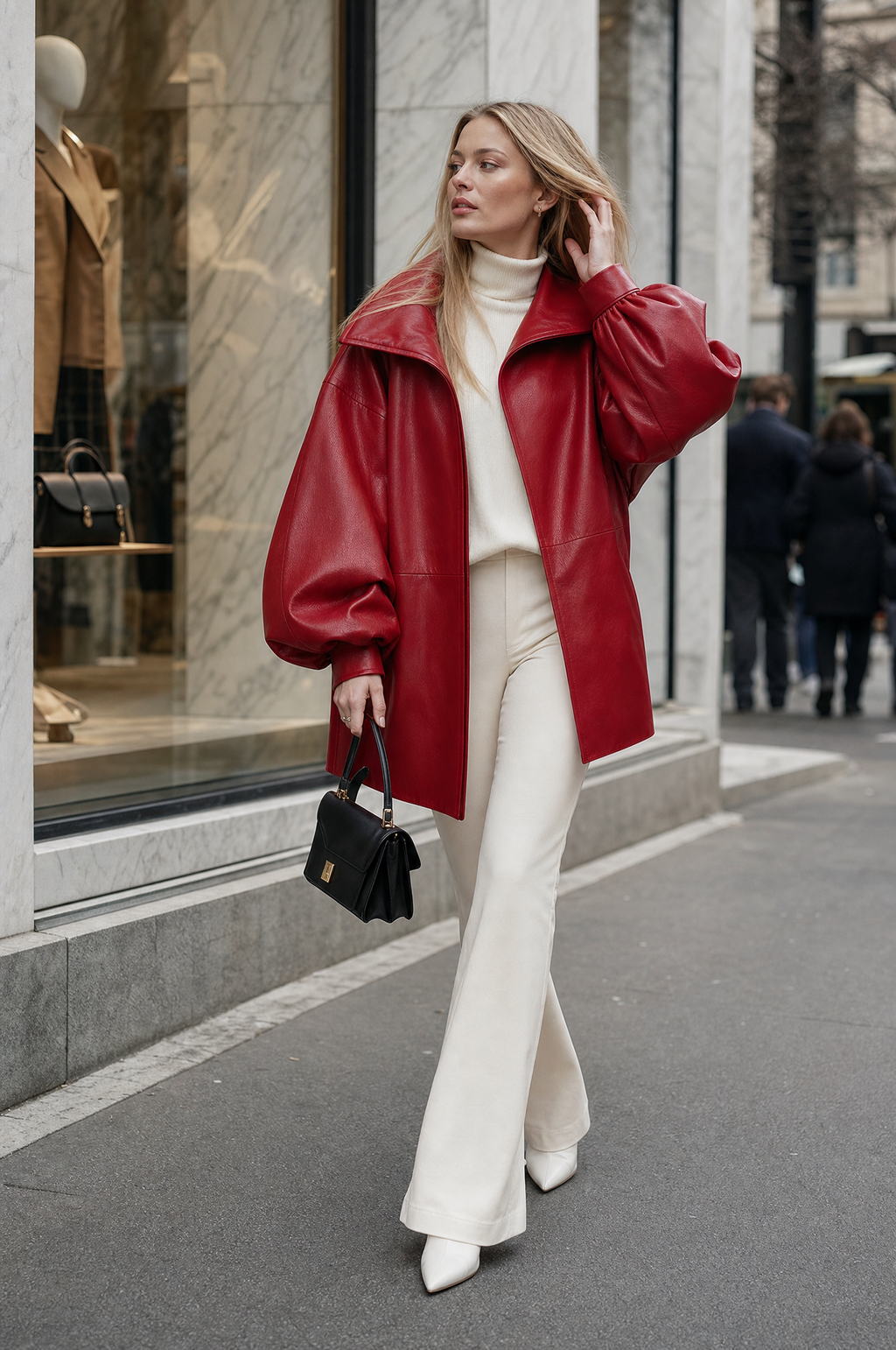 Oversized Funnel Collar Concealed Placket Leather Jacket