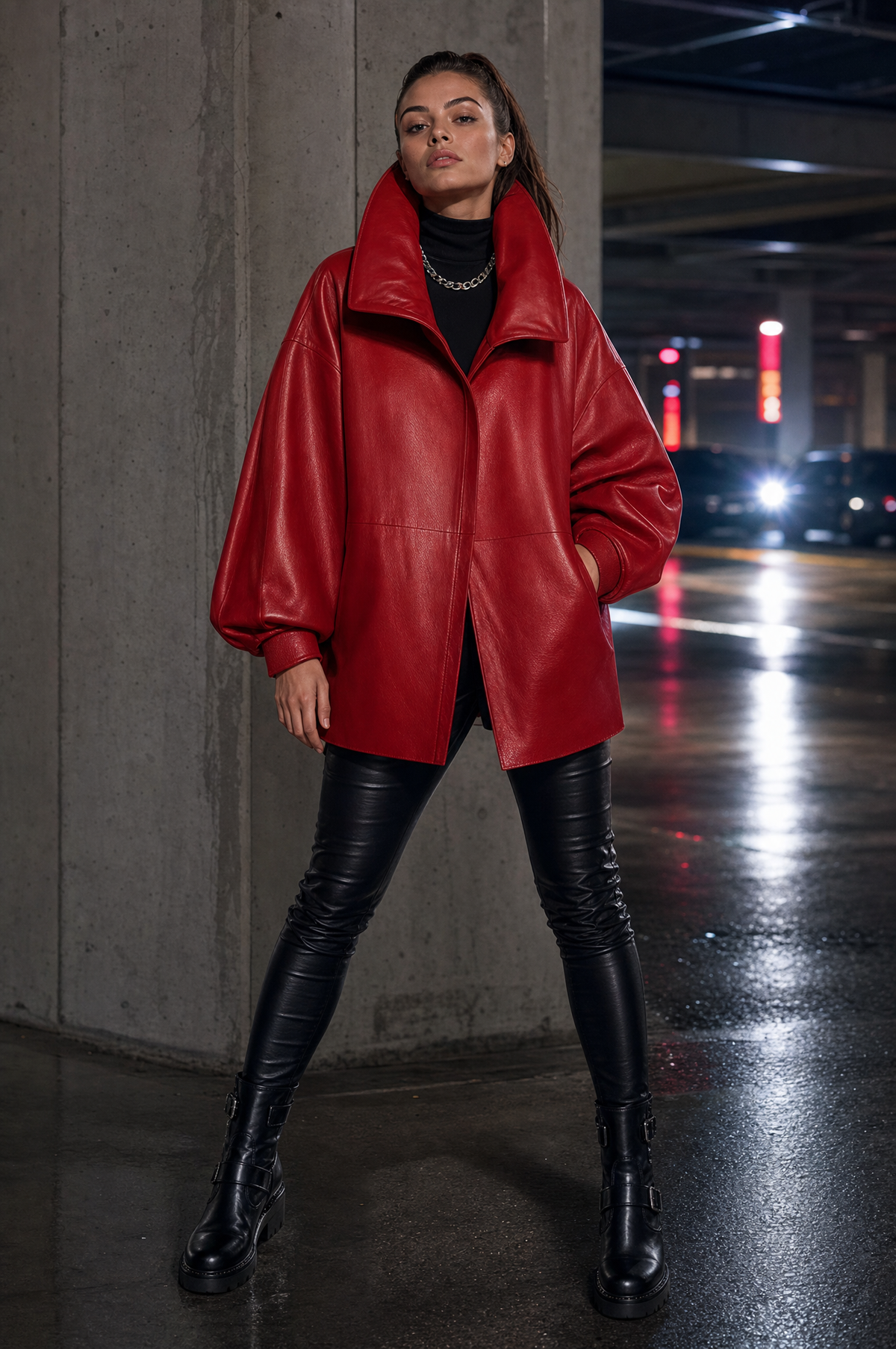 Oversized Funnel Collar Concealed Placket Leather Jacket