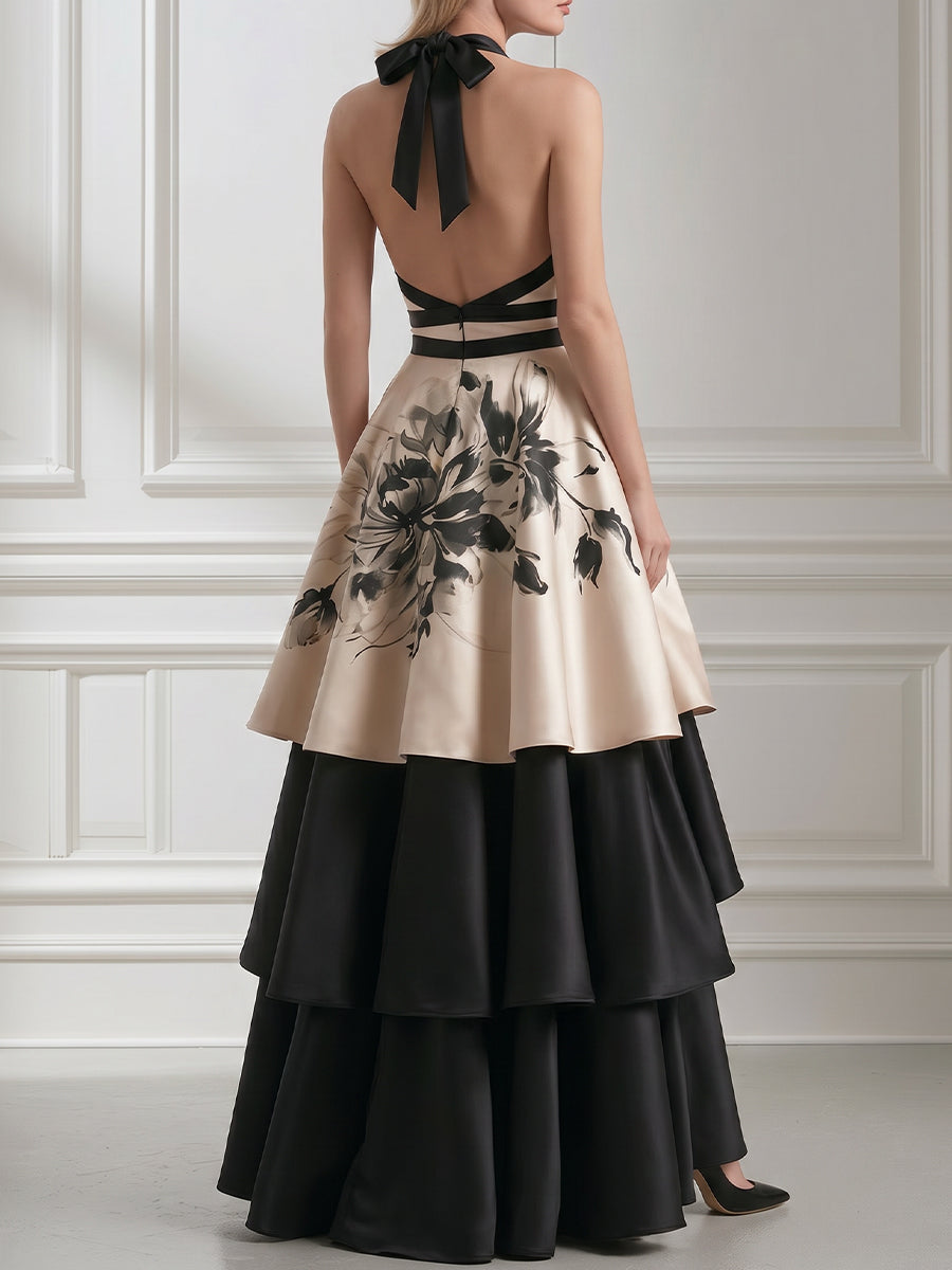Floral Contrast Halter Tiered Satin Evening Gown