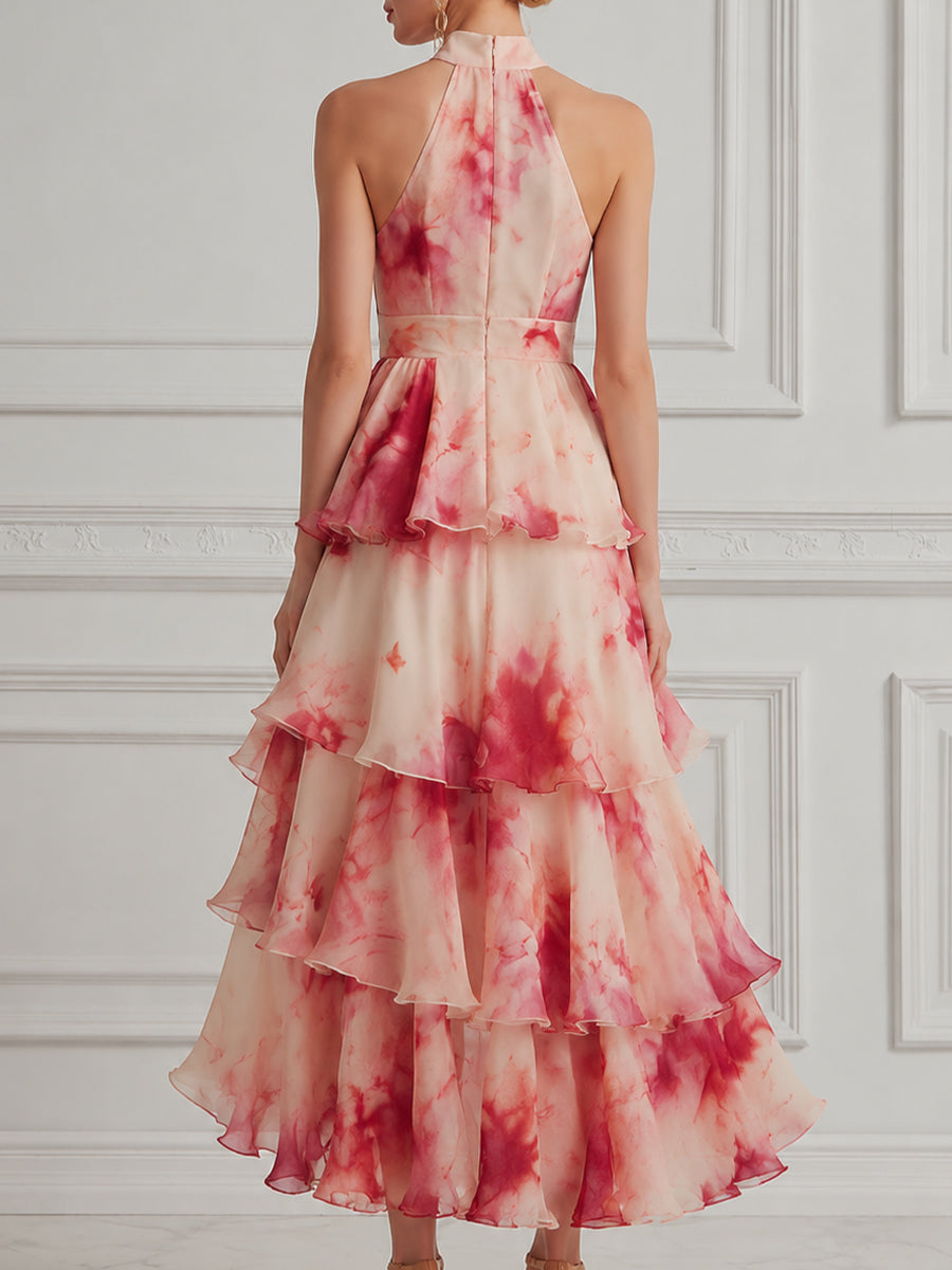 Watercolor Floral Tiered Halter Maxi Dress