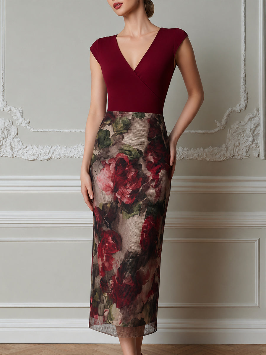 Ruched V-Neck Cap Sleeve Floral Mesh Midi Dress