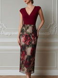 Ruched V-Neck Cap Sleeve Floral Mesh Midi Dress