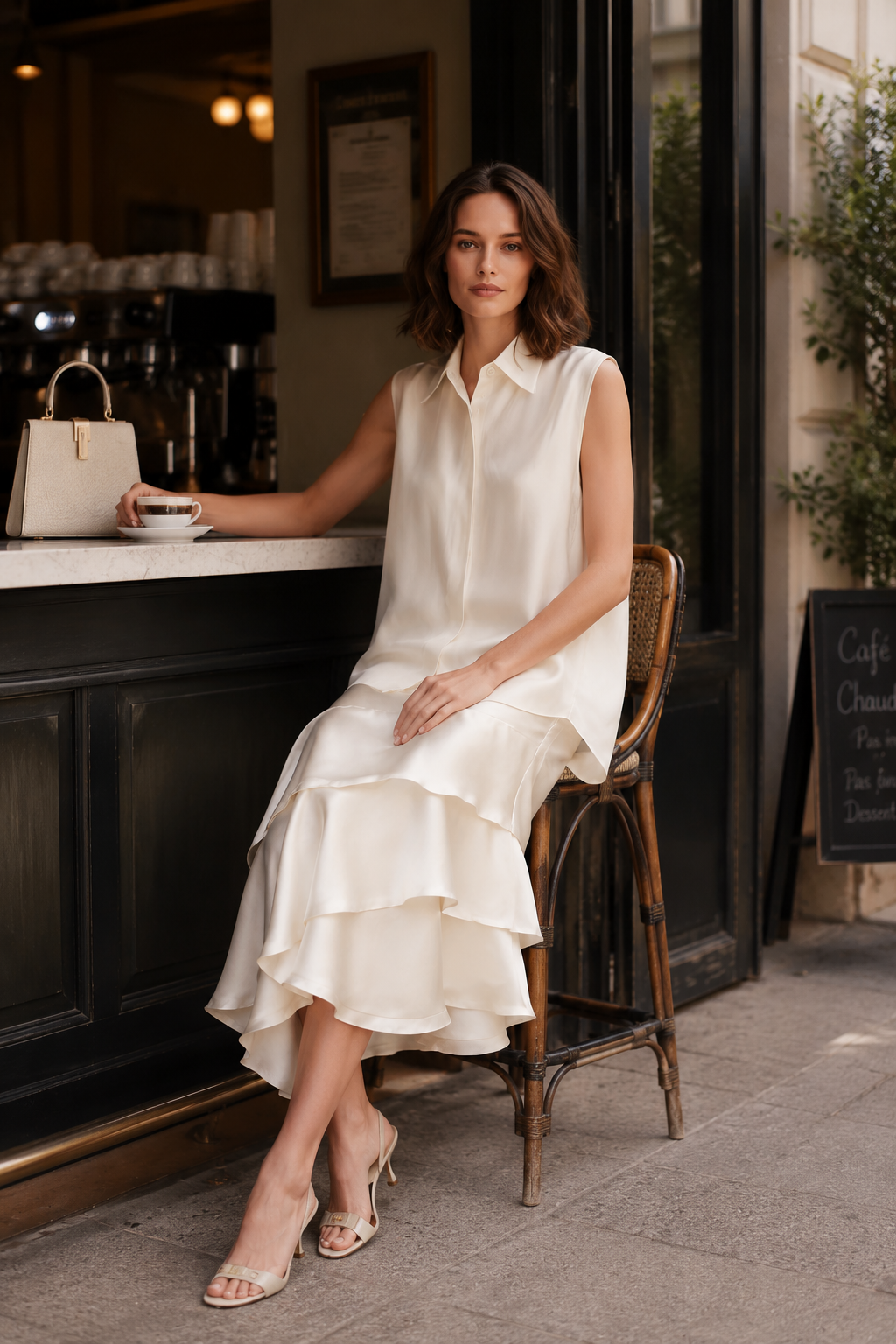Elegant Sleeveless High-Low Blouse & Satin Ruffle-Hem Skirt Set
