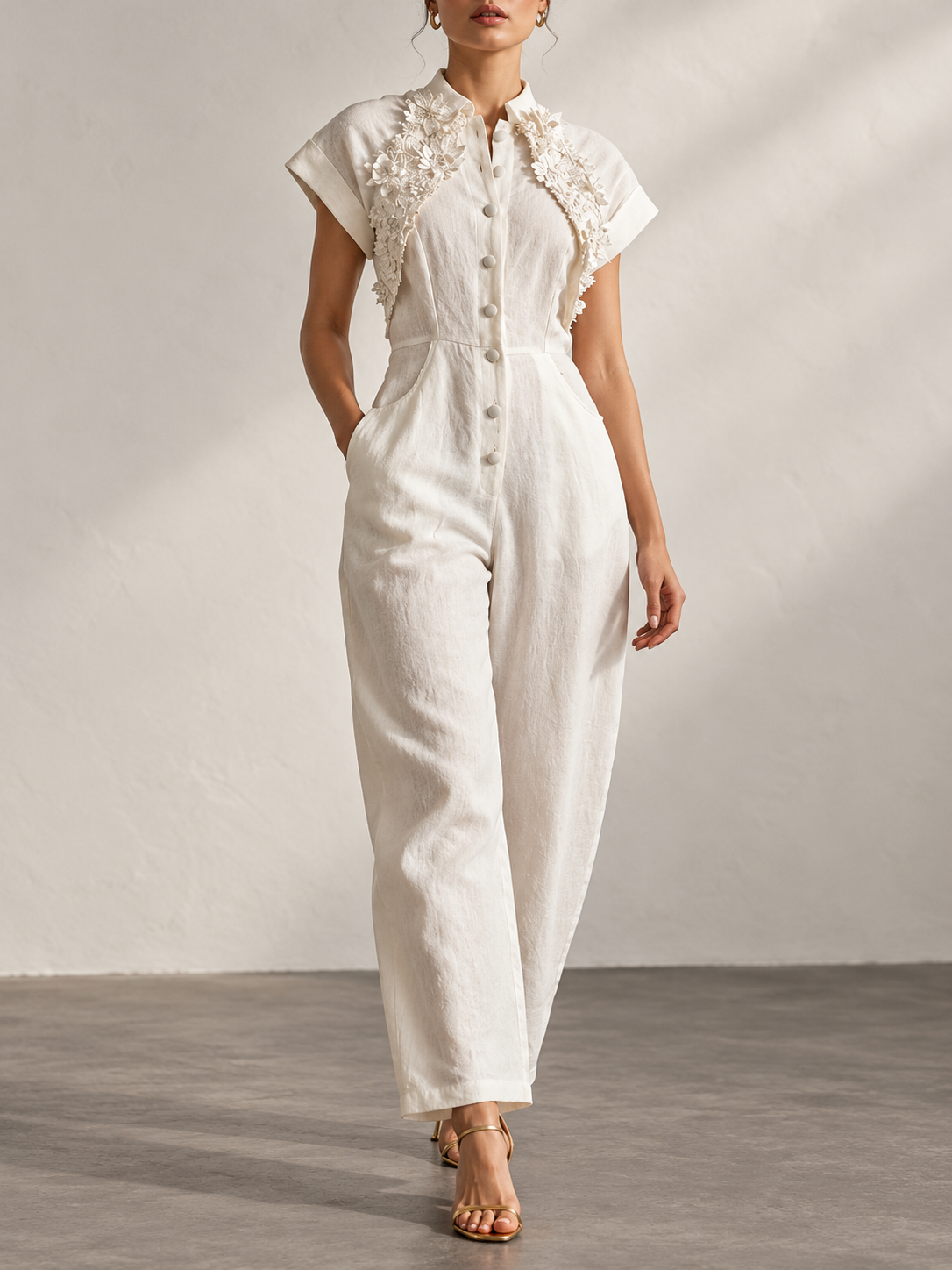 White Floral Applique Sleeveless Jumpsuit