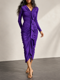 Purple Ruched Long Sleeve Midi Dress