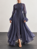 Navy Sheer Lace Long Sleeve Maxi Dress