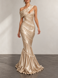 Champagne Satin One Shoulder Ruched Maxi Dress
