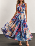 Multicolor Watercolor Print Halter Maxi Dress