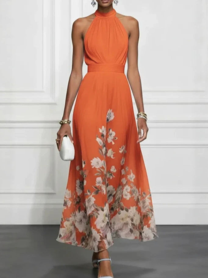 2026 New Halter Sleeveless Lace Printing Elegant Graceful Long Dress
