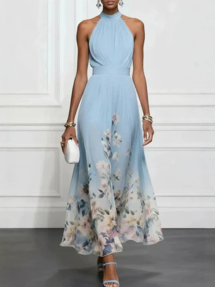 2026 New Halter Sleeveless Lace Printing Elegant Graceful Long Dress